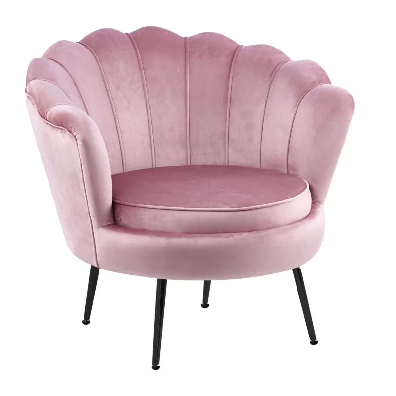 Fauteuil Coquillage en velours rose poudré – Pieds noirs | Golddeco