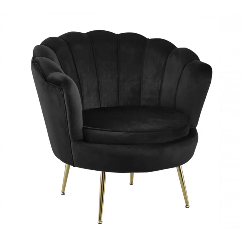 Fauteuil Coquillage en velours noir – Pieds dorés | Golddeco