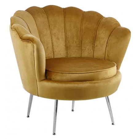 Fauteuil Coquillage en velours curry – Pieds chromés | Golddeco