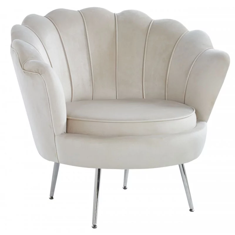 Fauteuil Coquillage en velours beige – Pieds chromés | Golddeco