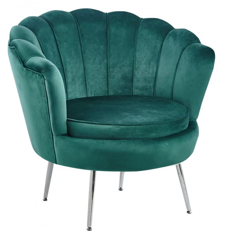 Fauteuil Coquillage en velours vert émeraude – Pieds chromés | Golddeco