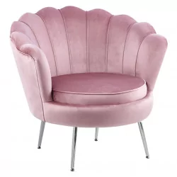 Fauteuil Coquillage en velours rose poudré – Pieds chromés