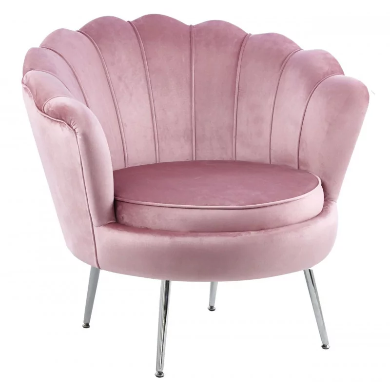 Fauteuil Coquillage en velours rose poudré – Pieds chromés | Golddeco