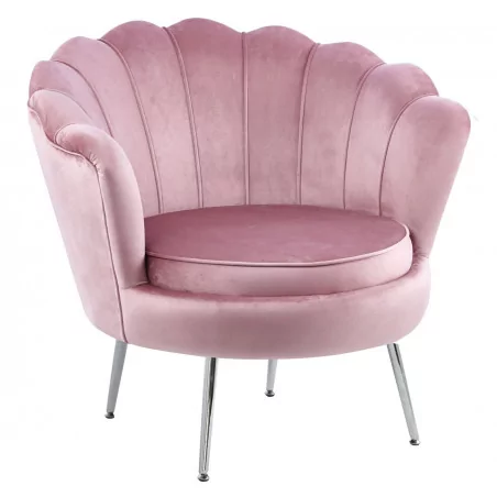 Fauteuil Coquillage en velours rose poudré – Pieds chromés | Golddeco