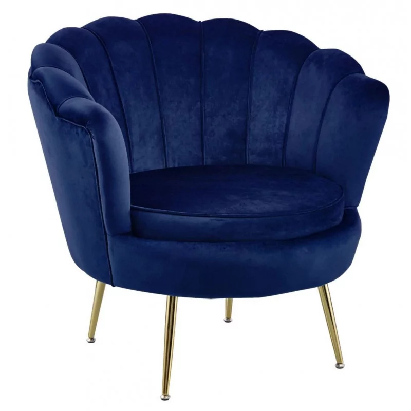 Fauteuil Coquillage en velours bleu nuit – Pieds dorés | Golddeco