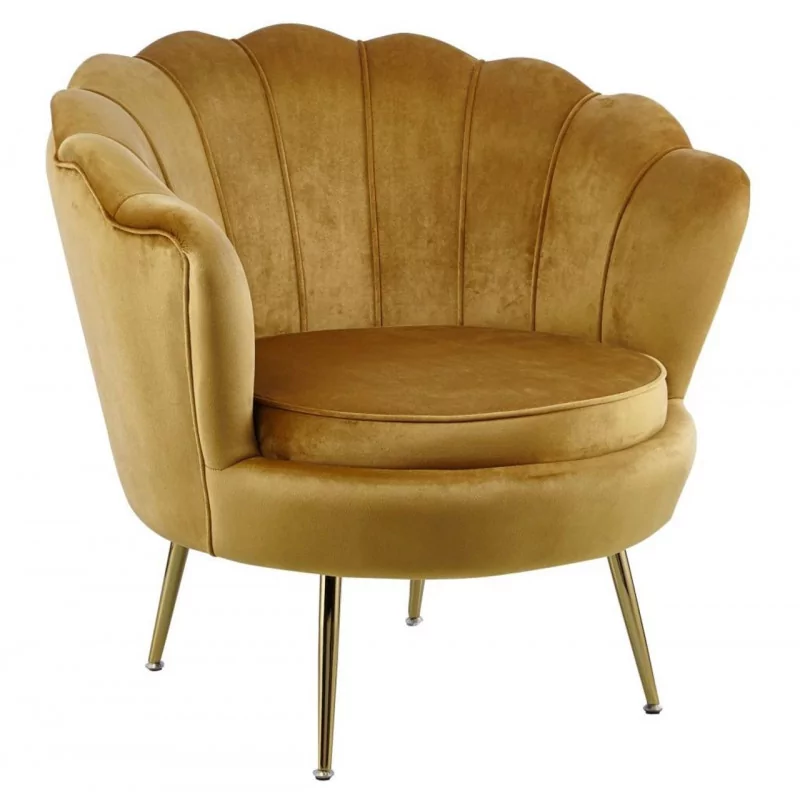 Fauteuil Coquillage en velours curry – Pieds dorés | Golddeco