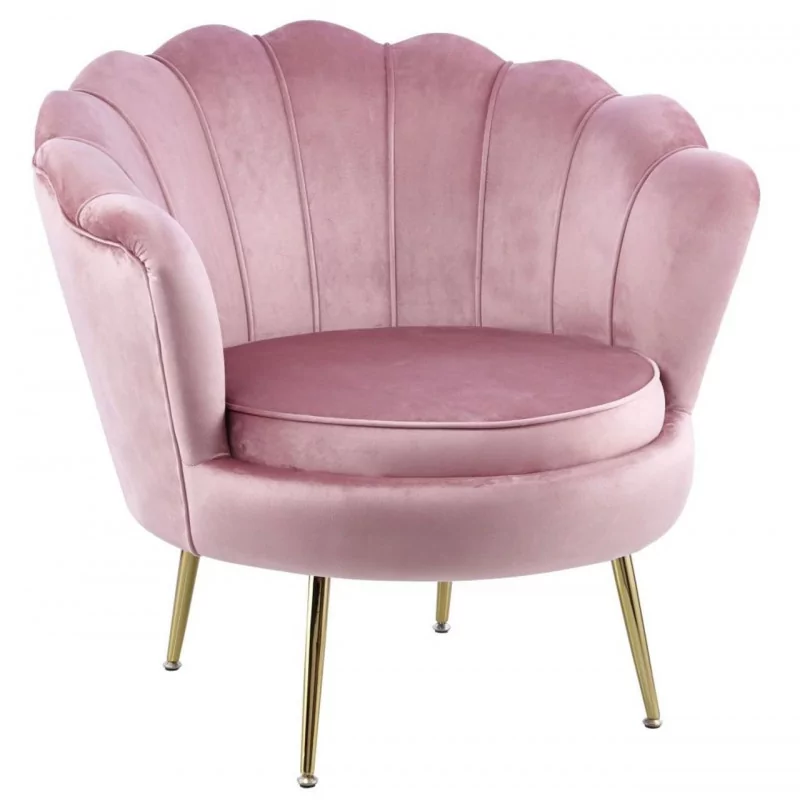 Fauteuil Coquillage en velours rose poudré – Pieds dorés | Golddeco