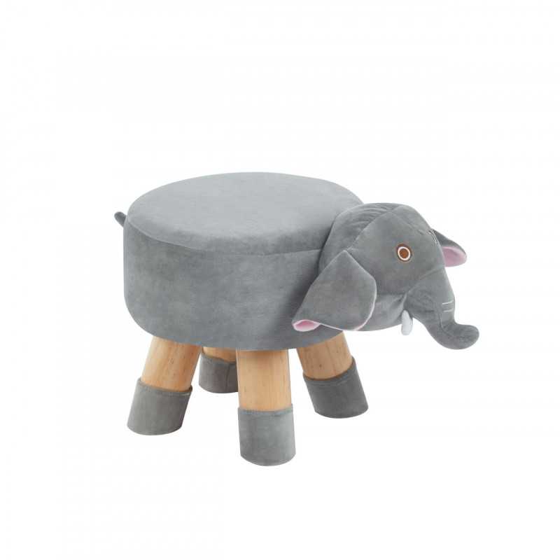 Tabouret éléphant enfants – Velours gris & pieds bois