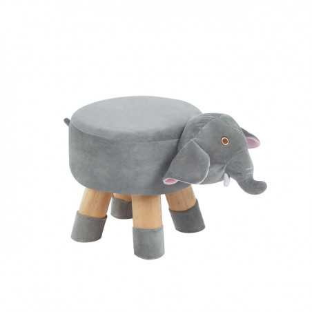 Tabouret éléphant enfants – Velours gris & pieds bois