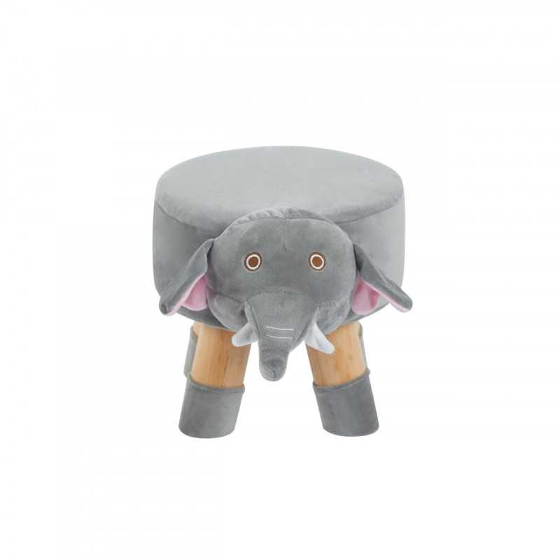 Tabouret éléphant enfants – Velours gris & pieds bois