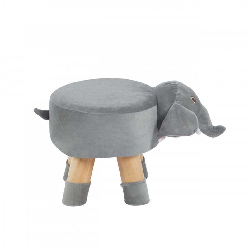 Tabouret éléphant enfants – Velours gris & pieds bois