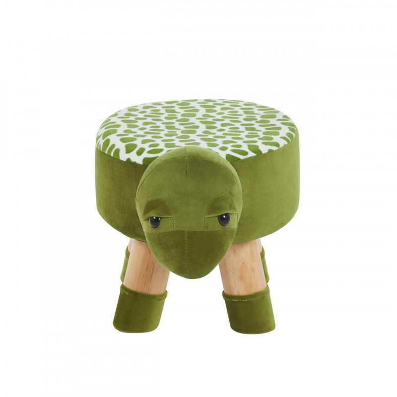Tabouret tortue enfants – Vert, pieds bois naturels