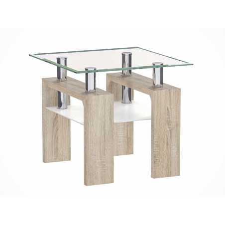 Table Basse Carrée 60x60 cm – Pieds Sonoma & Verre Trempé