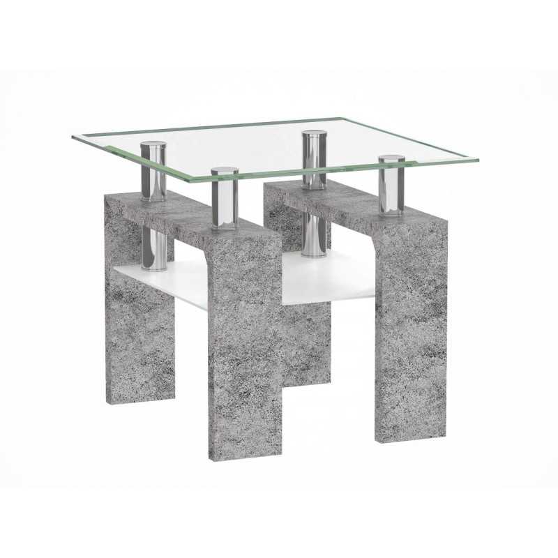 Table Basse Carrée 60x60 cm – Pieds Aspect Béton & Verre Trempé