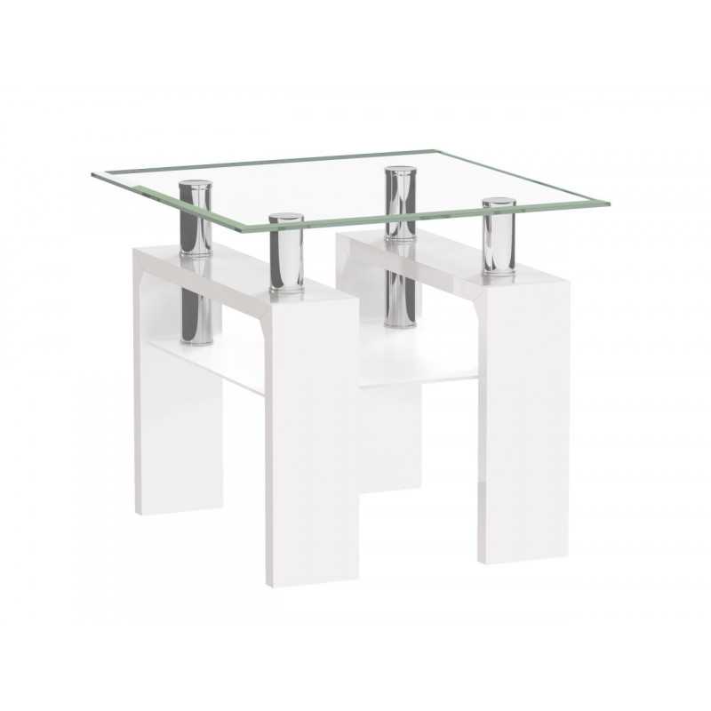 Table Basse Carrée 60x60 – Verre Trempé & Pieds Blanc Laqué