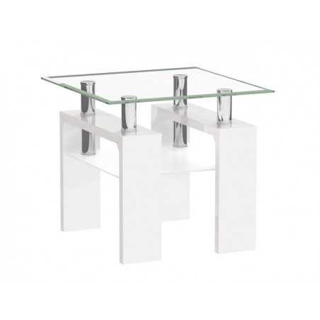Table Basse Carrée 60x60 – Verre Trempé & Pieds Blanc Laqué