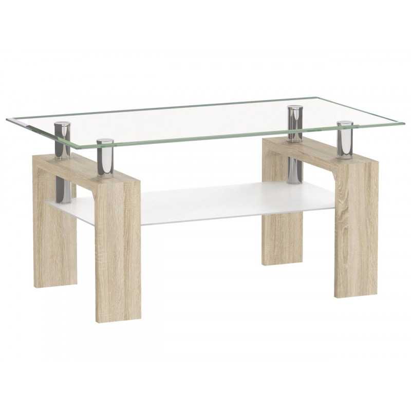 Table Basse 110x60 – Verre Trempé & Pieds Aspect Chêne Sonoma
