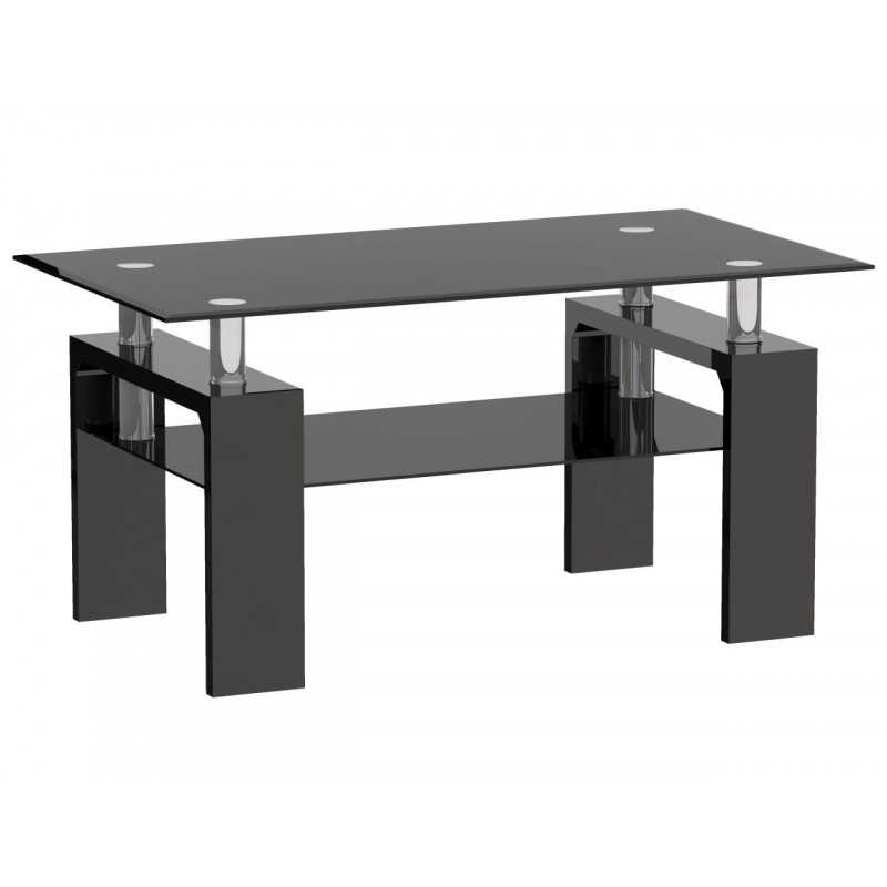 Table Basse Noire 110x60 – Verre Trempé & Pieds MDF Laqué Brillant