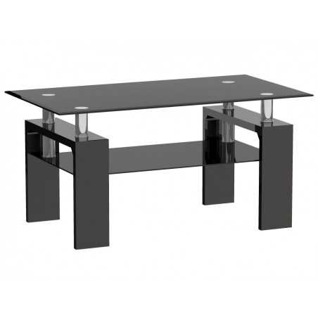 Table Basse Noire 110x60 – Verre Trempé & Pieds MDF Laqué Brillant
