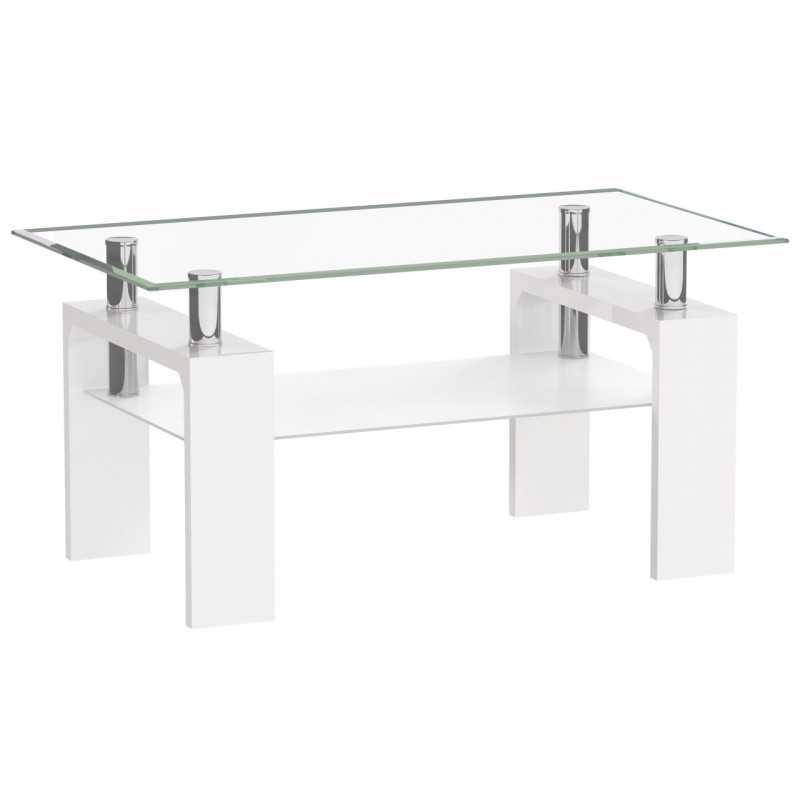 Table Basse Blanche 110x60 – Verre Trempé & Pieds MDF Laqué Brillant
