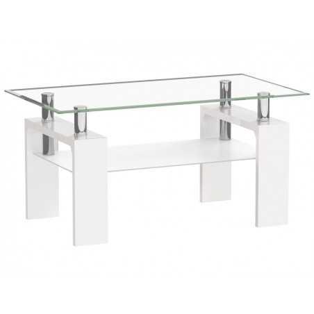 Table Basse Blanche 110x60 – Verre Trempé & Pieds MDF Laqué Brillant