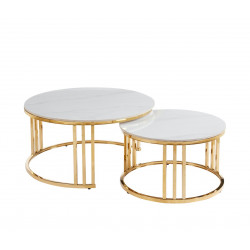 Lot de 2 Tables Basses Luxe Marbre Blanc & Doré – Design Chic 80/60 cm