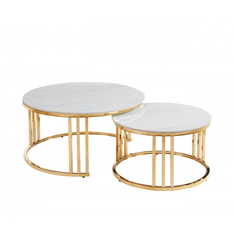 Lot de 2 Tables Basses Luxe Marbre Blanc & Doré – Design Chic 80/60 cm