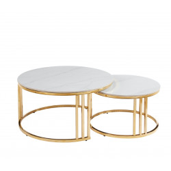 Lot de 2 Tables Basses Luxe Marbre Blanc & Doré – Design Chic 80/60 cm
