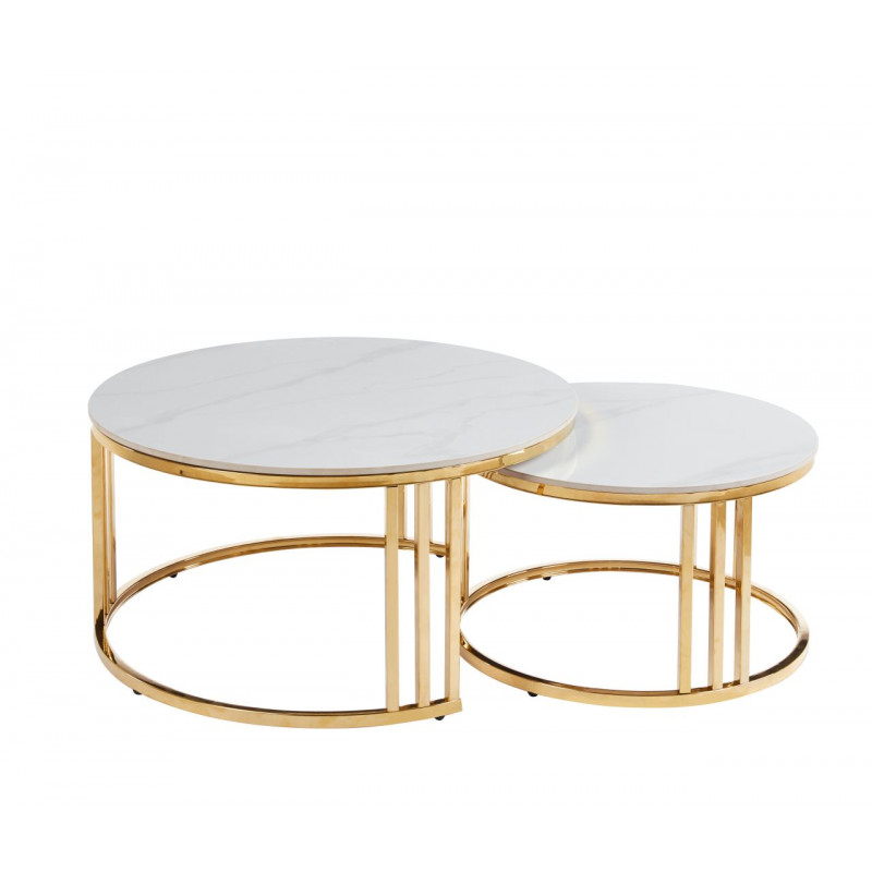 Lot de 2 Tables Basses Luxe Marbre Blanc & Doré – Design Chic 80/60 cm