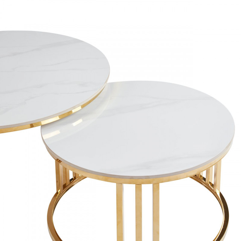 Lot de 2 Tables Basses Luxe Marbre Blanc & Doré – Design Chic 80/60 cm