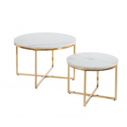 Lot de 2 Tables Basses Gigognes Marbre Blanc & Doré – Design Élégant Duo 70/50 cm