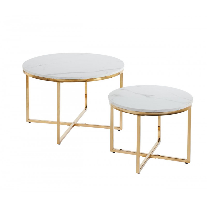 Lot de 2 Tables Basses Gigognes Marbre Blanc & Doré – Design Élégant Duo 70/50 cm