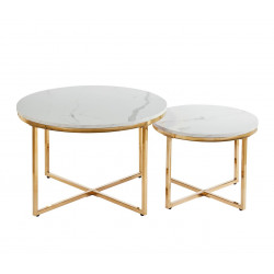 Lot de 2 Tables Basses Gigognes Marbre Blanc & Doré – Design Élégant Duo 70/50 cm