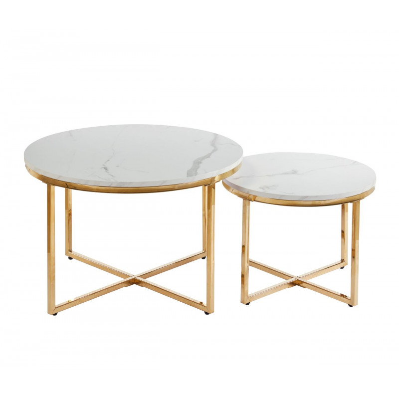 Lot de 2 Tables Basses Gigognes Marbre Blanc & Doré – Design Élégant Duo 70/50 cm