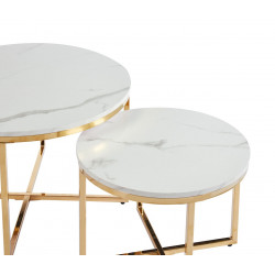 Lot de 2 Tables Basses Gigognes Marbre Blanc & Doré – Design Élégant Duo 70/50 cm