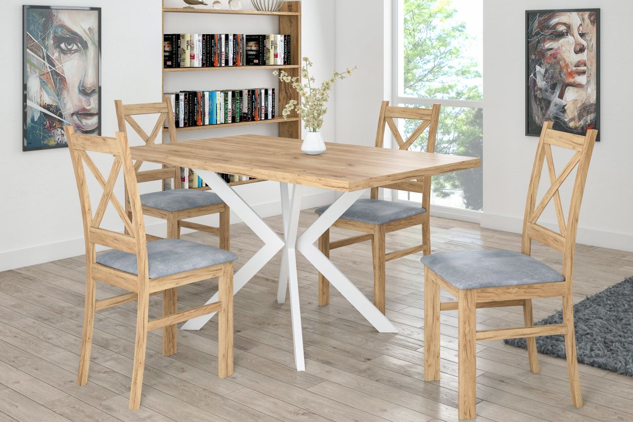 Chaise en bois chêne doré artisanal avec assise tissu gris – Style campagne chic