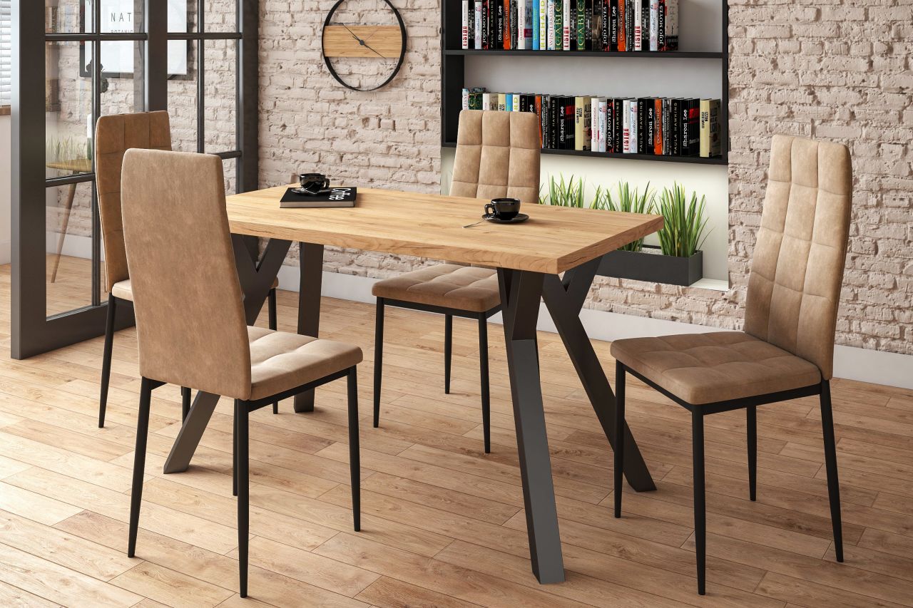 Table Alexandrie – Plateau aspect chêne doré & pieds noirs inclinés